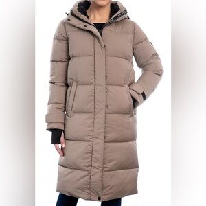 MICHAEL Michael Kors Taupe Beige Hooded Long Puffer Coat Down Fill Jacket Size S